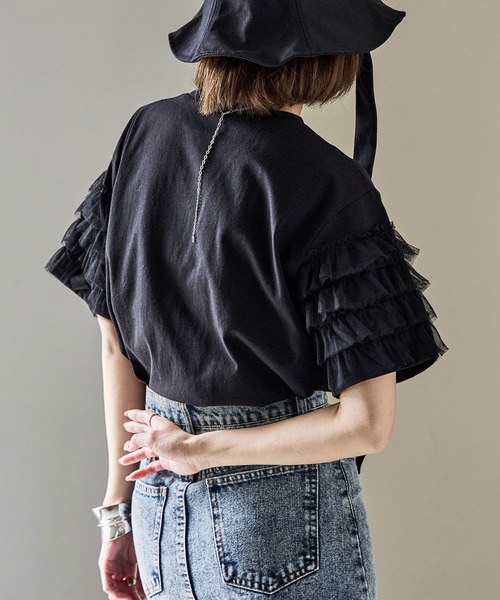 tシャツ フリルティアードシャツブラウス レディース Fashion Letter tシャツ ティアードフリル袖 ブラウスTシャツ