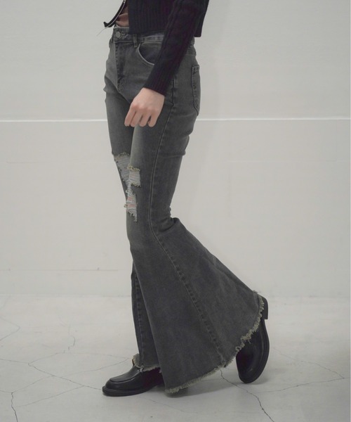 Mirette ジーンズ デニム デニムパンツ ハイウエストダメージフレア