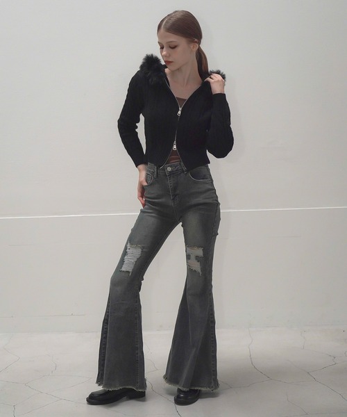 Mirette ジーンズ デニム デニムパンツ ハイウエストダメージフレア
