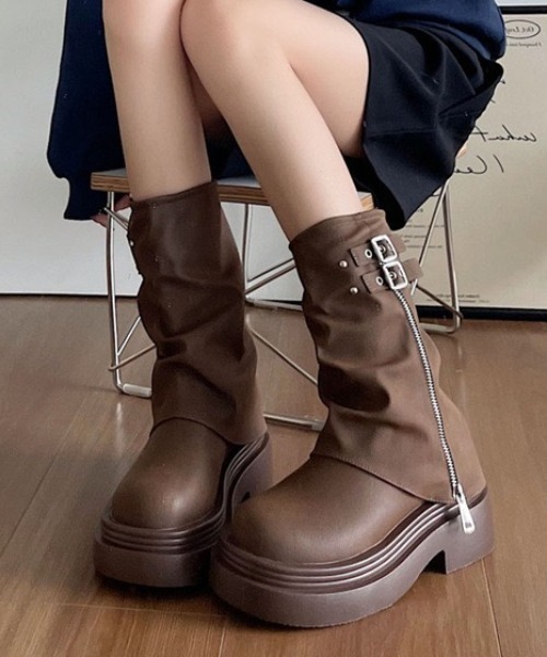 ブーツ ダブルベルト厚底ミドルカバーブーツ レディース : ZOZOTOWN