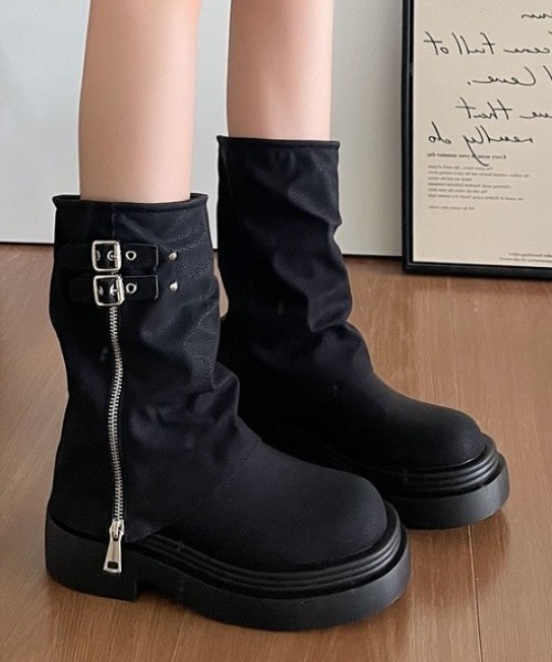 ブーツ ダブルベルト厚底ミドルカバーブーツ レディース : ZOZOTOWN