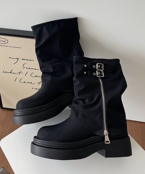 ブーツ ダブルベルト厚底ミドルカバーブーツ レディース : ZOZOTOWN