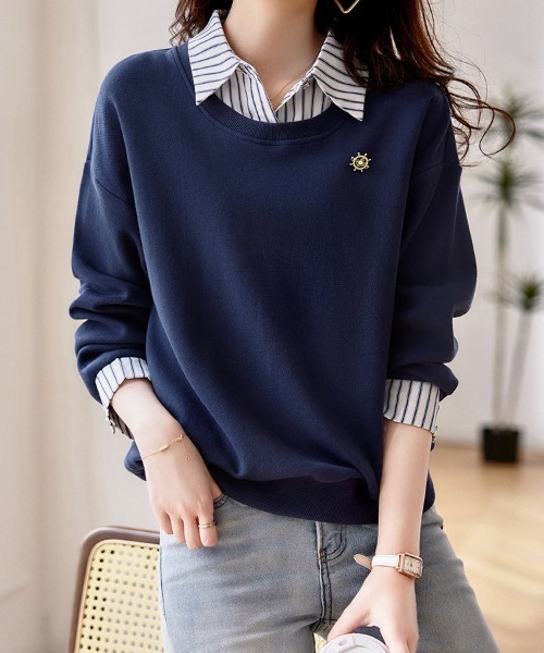 ブラウス シャツ ストライプシャツ×ニット MIXレイヤード風トップス