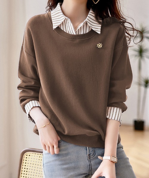 ブラウス シャツ ストライプシャツ×ニット MIXレイヤード風トップス