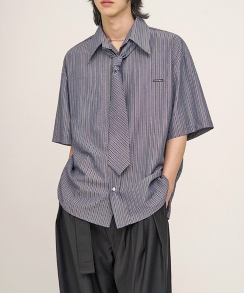 UP START シャツ 「NOWLE」タイ付き ストライプ 半袖 ボタン シャツ