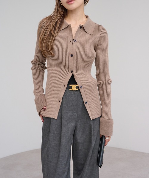 Drawer*25SS 16Gコットンフレアスリーブリブニット 完売ライトグレー Bonjour Sagan（ボンジュールサガン） ニット セーター 襟付きフレア