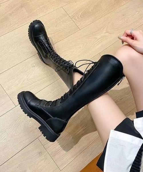 ロング ブーツ レースアップデザイン バックジップ ロングブーツ
