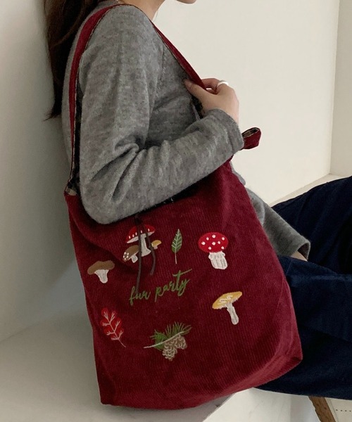 SHOUYO トートバッグ きのこ刺繍入り コーデュロイショルダートート 
