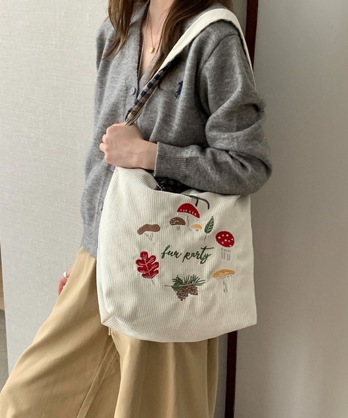 SHOUYO トートバッグ きのこ刺繍入り コーデュロイショルダートート