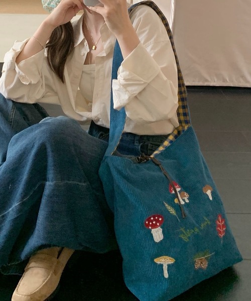 SHOUYO トートバッグ きのこ刺繍入り コーデュロイショルダートート