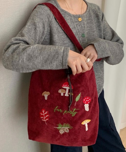 SHOUYO トートバッグ きのこ刺繍入り コーデュロイショルダートート