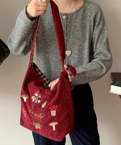 SHOUYO トートバッグ きのこ刺繍入り コーデュロイショルダートート 