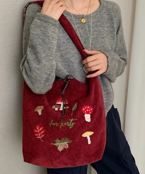 SHOUYO トートバッグ きのこ刺繍入り コーデュロイショルダートート 