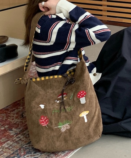 SHOUYO トートバッグ きのこ刺繍入り コーデュロイショルダートート
