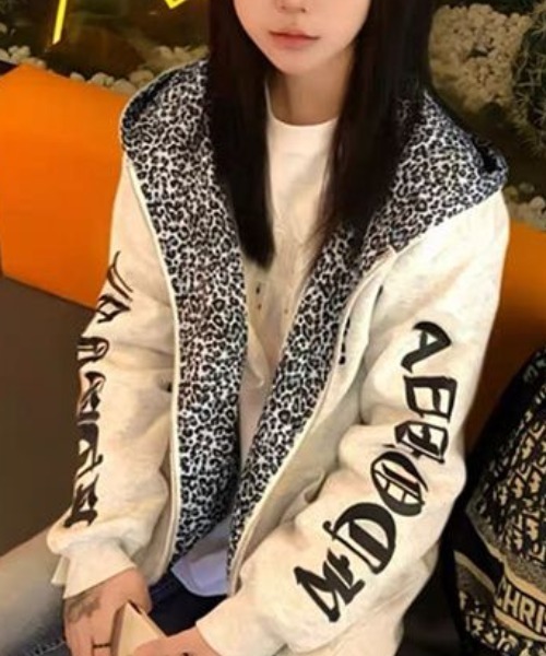 Sibra（シブラ） パーカー ヒョウ柄切替 フルジップパーカー