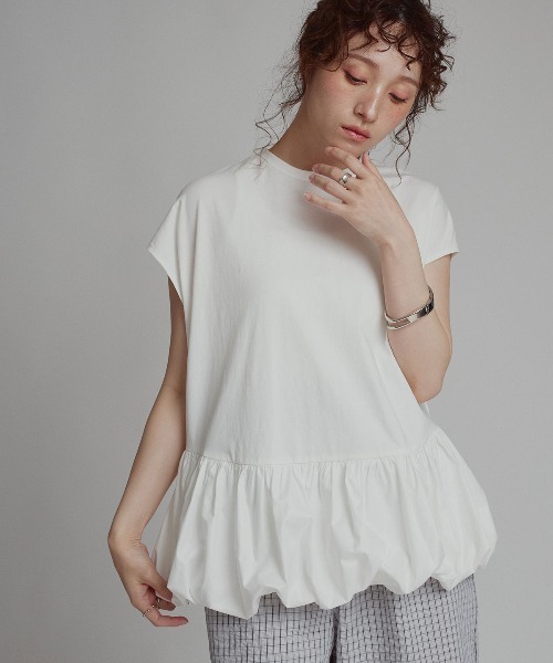 W：Huku tシャツ ドッキング バルーン ペプラム Tシャツ トップス