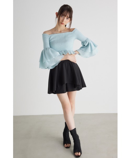 rienda tシャツ シャーリングオフショルクロップドトップス 長袖