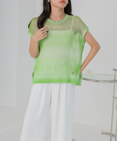 【グリーン】グラデーションニットTシャツ tシャツ グラデーション透かし編みニット レディース : ZOZOTOWN Yahoo