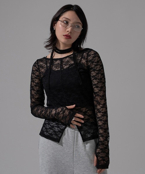 d.i.a.レース付き黒長袖トップス apres jour mignon（アプレジュールミニョン） タイ付きアソートシアー