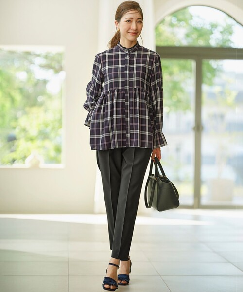 LE PHIL ネイビー チェック チュニック 組曲 ブラウス シャツ シアーツイルチェック チュニック