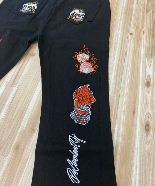 TopIsm ジーンズ バック スカル ワッペン 刺繍 フレアデニム