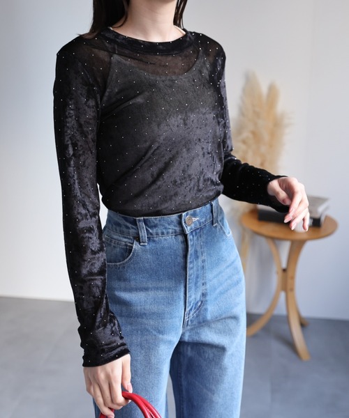 sakishimatokyo tシャツ ビジュー付き ベロアトップス/TOPS レディース