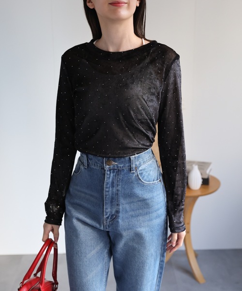 sakishimatokyo tシャツ ビジュー付き ベロアトップス/TOPS レディース