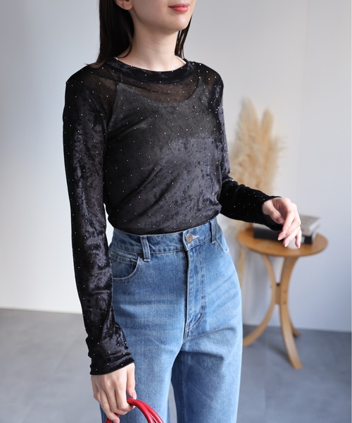 sakishimatokyo tシャツ ビジュー付き ベロアトップス/TOPS レディース