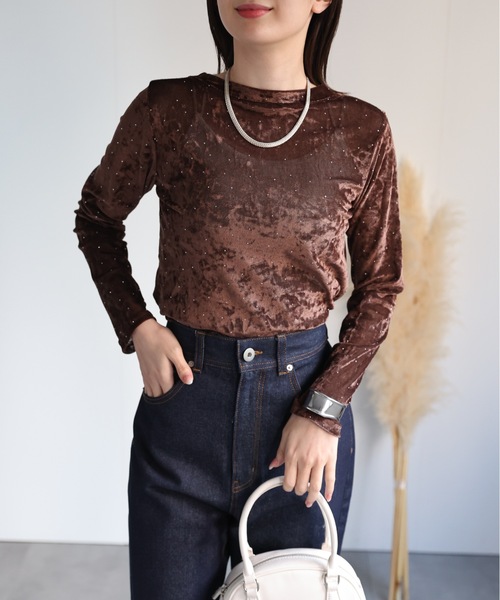 sakishimatokyo tシャツ ビジュー付き ベロアトップス/TOPS レディース