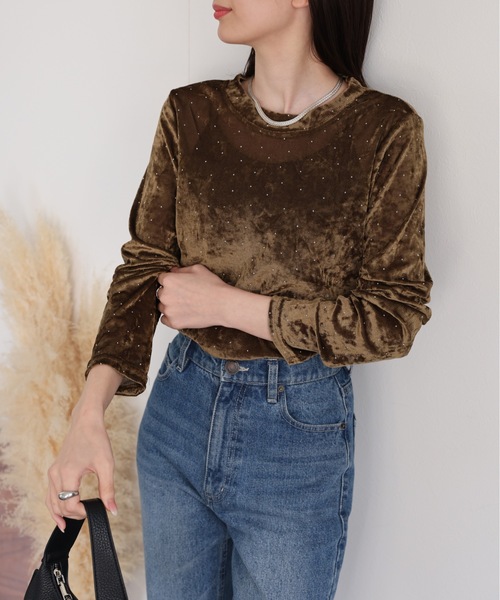 sakishimatokyo tシャツ ビジュー付き ベロアトップス/TOPS レディース