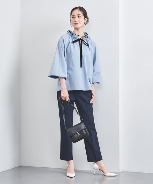 UNITED ARROWS シャツ ブラウス オーガンジーフリル バイカラーリボン 
