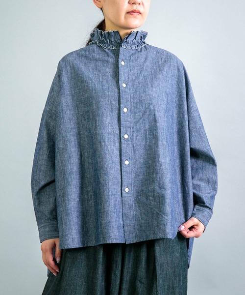 ブラウス シャツ 「Yarmo」 Dungaree Ruffle Shirts / ダンガリーフリル ブラウス レディース