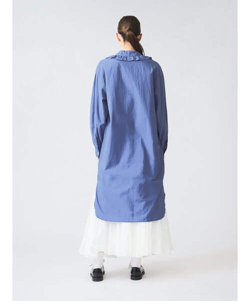 美品✨ミズイロインド バンドカラー シャツワンピース 七分袖　ブルー mizuiroind（ミズイロインド） ワンピース フリルカラーシャツ