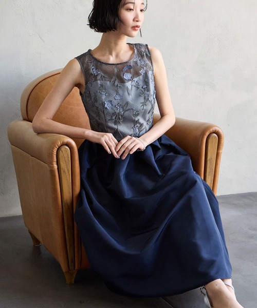 AIMER フラワー刺繍ノースリーブパーティードレス 結婚式　お呼ばれ　ドレス フラワー刺繍ノースリーブパーティードレス 結婚式 お呼ばれ