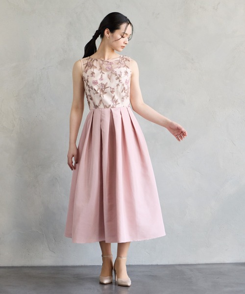 AIMER エメ ノースリーブ パーティードレス お呼ばれワンピース【Ｍ】結婚式 リボン付きロールカラーノースリーブフレアパーティードレス