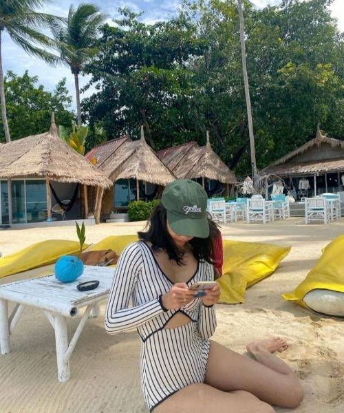 水着 ストライプ＆チェック ロングスリーブワンピース水着 レディース