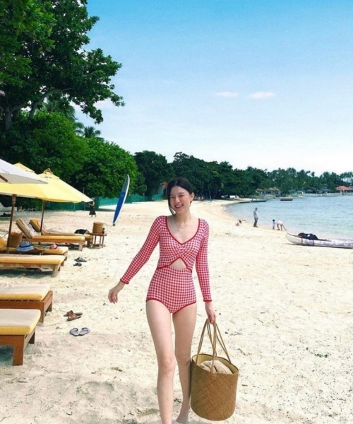 水着 ストライプ＆チェック ロングスリーブワンピース水着 レディース