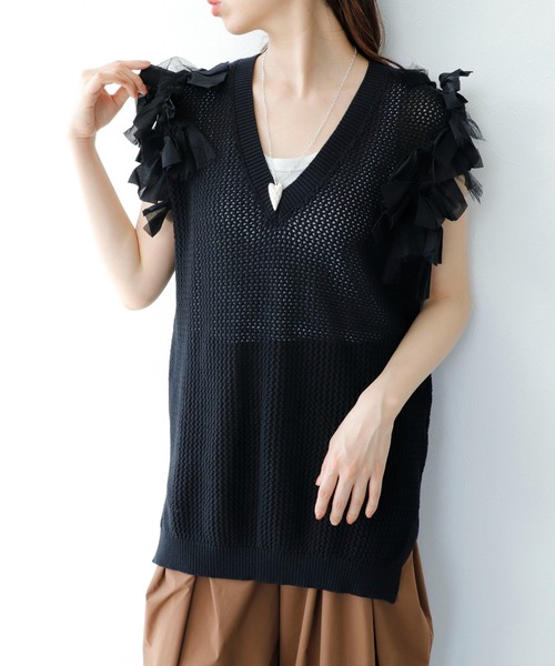 ベスト ジレ KNIT RIBON VEST レディース