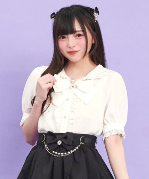 大変美品　Rene  日本製　清楚で可憐なお嬢様ニットトップス　半袖ブラウス シフォン袖 ニット ブラウス トップス レディース 韓国 春夏秋 きれい