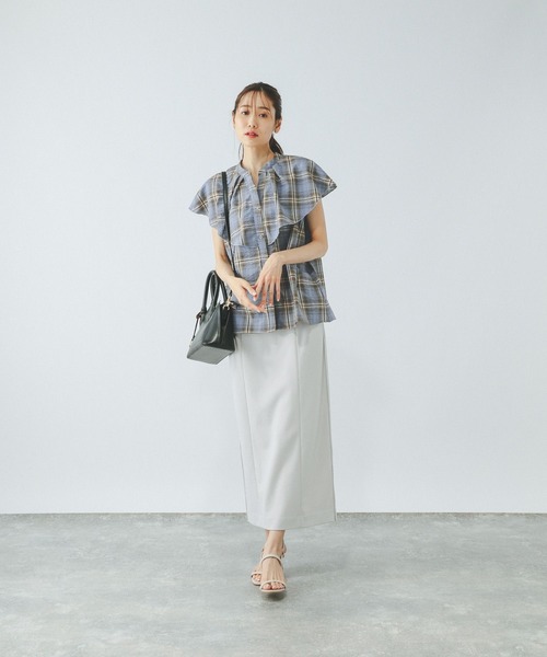 ブラウス シャツ フリルカラーノースリーブチェック柄ブラウス レディース Audrey and John Wad ブラウス シャツ ノースリーブフリル