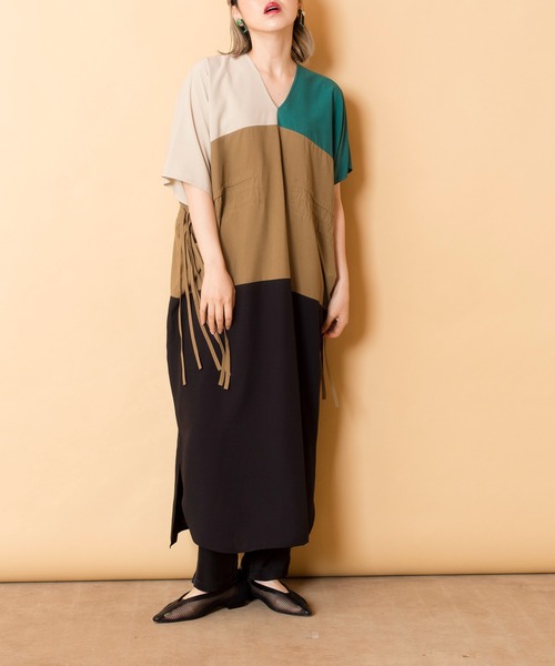 「OSMOSIS」 半袖ワンピース ONE SIZE カーキ レディース_画像7