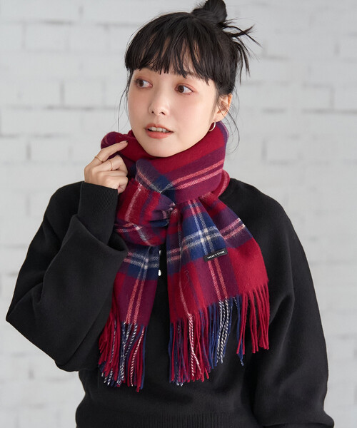 手編みウールマフラー 　ロング　青と赤のチェック FREAK'S STORE（フリークスストア） マフラー ストール ウールチェック