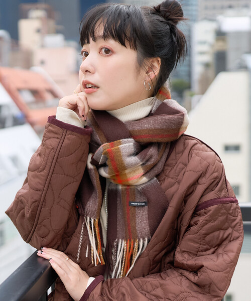 美品】johnscott ウール チェック マフラー ストール オレンジ