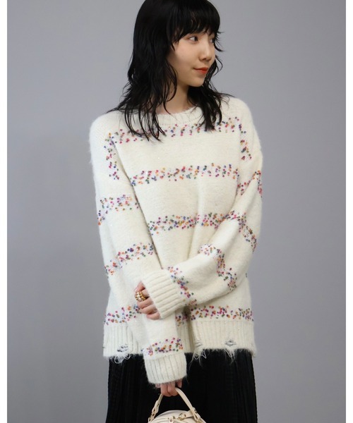 Doumoi ニット セーター ドロップショルダーネップミックスボーダー