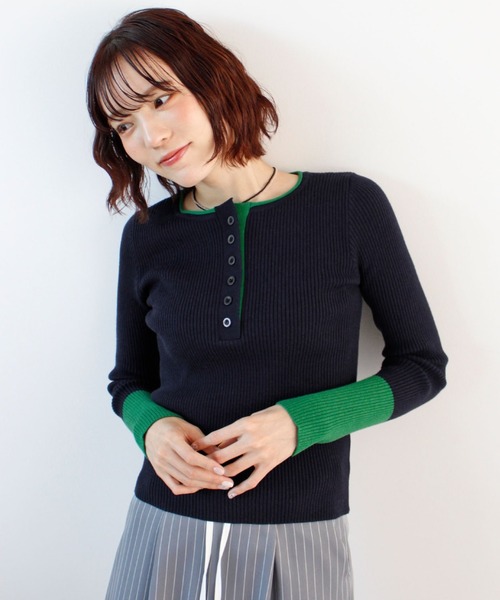 ニット セーター 「26SS 新作」ヘンリーネック配色リブニットトップス