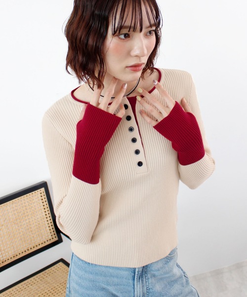 ニット セーター 「26SS 新作」ヘンリーネック配色リブニットトップス