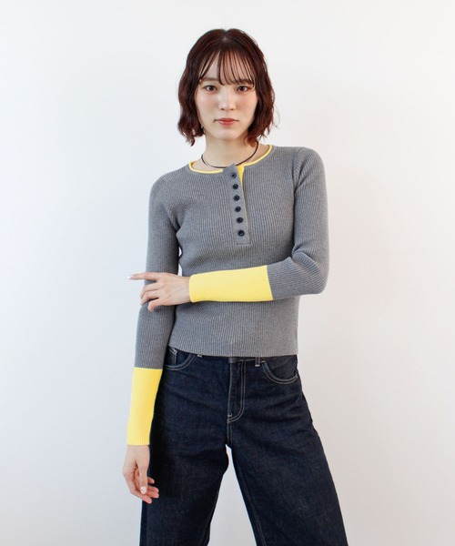 ニット セーター 「26SS 新作」ヘンリーネック配色リブニットトップス