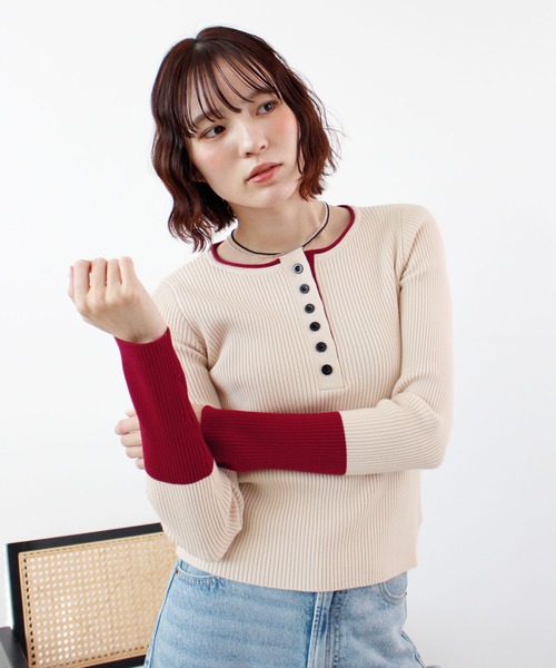 ニット セーター 「26SS 新作」ヘンリーネック配色リブニットトップス