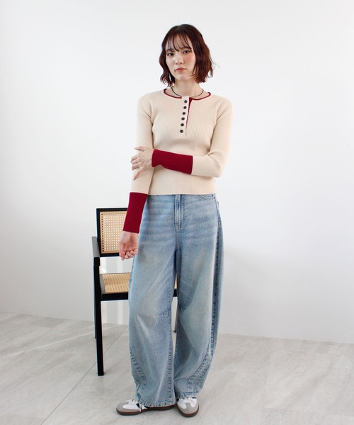 ニット セーター 「26SS 新作」ヘンリーネック配色リブニットトップス