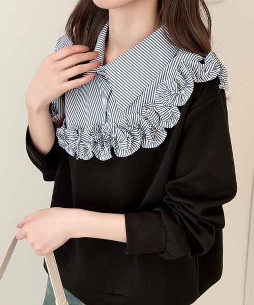 Acka フリル　ドッキング　スウェット ABITOKYO（アビトーキョー） トレーナー スウェット ストライプ柄